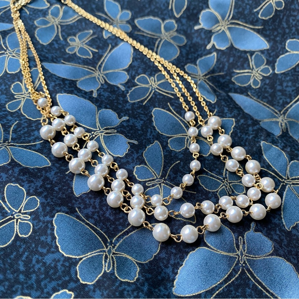 Vintage Worthington Pearl Beads Necklace Golden Rococo Chain Multi Layered